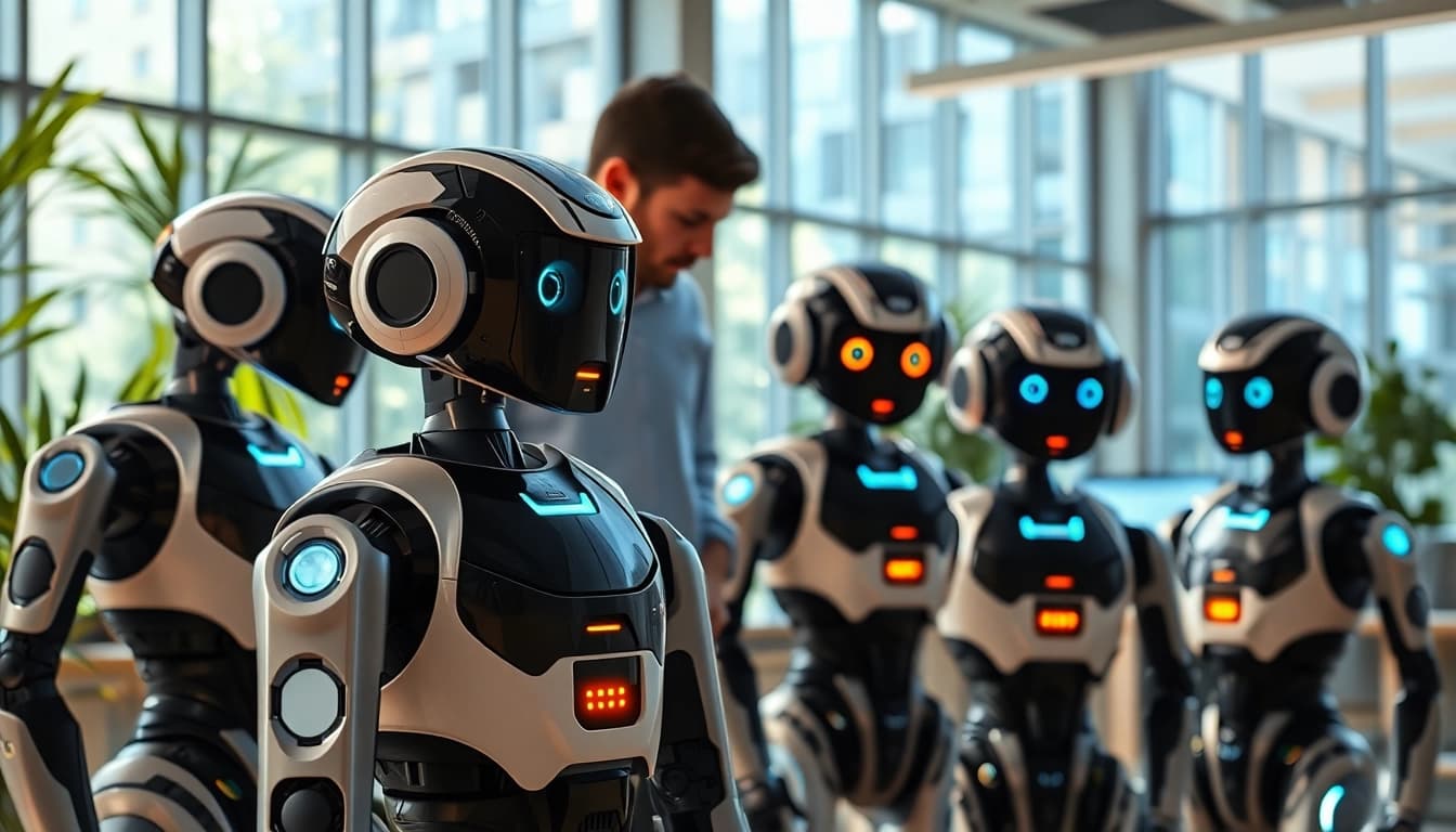 AI Bots collaborating in a modern workspace, showcasing innovative technology and teamwork.