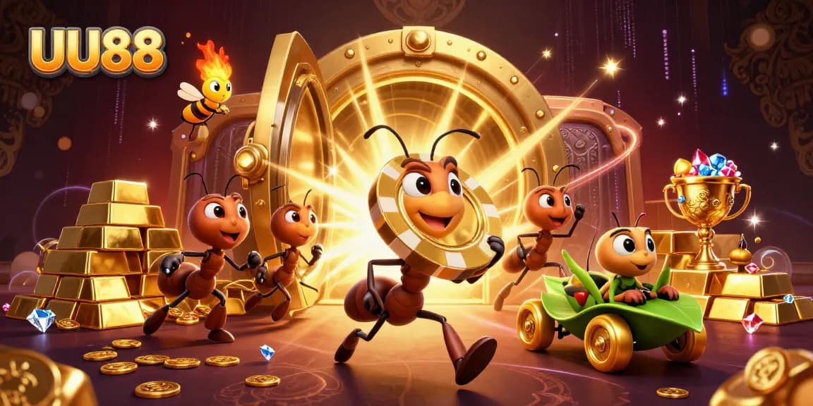 Engage with UU88 as ants steal a giant poker chip in a vibrant casino heist scene.