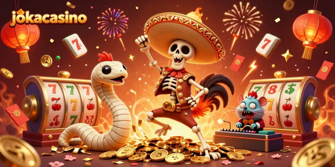Join the fun at jokacasino with an exciting celebration scene featuring a skeleton mariachi rooster and gold coins.