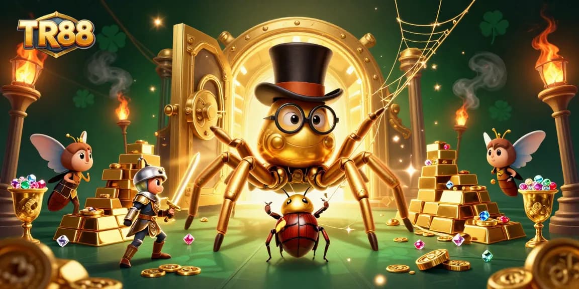 TR88 showcases a golden tarantula weaving webs amidst treasures, promising a thrilling gambling experience.