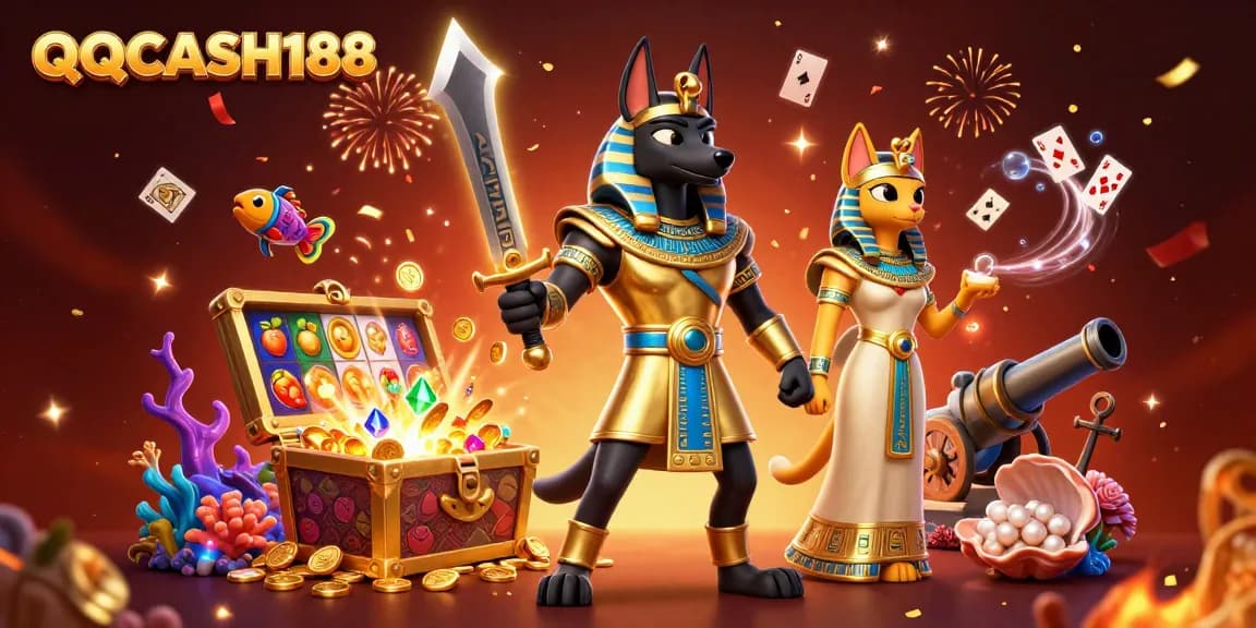 Spin the reels with QQCASH188 in a vibrant, treasure-filled casino scene.