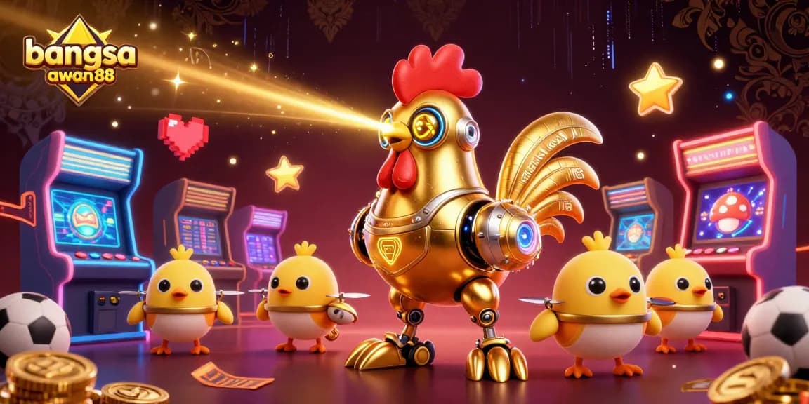 Bangsawan88 sports betting scene with a golden rooster robot and baby chick drones amidst colorful game elements.