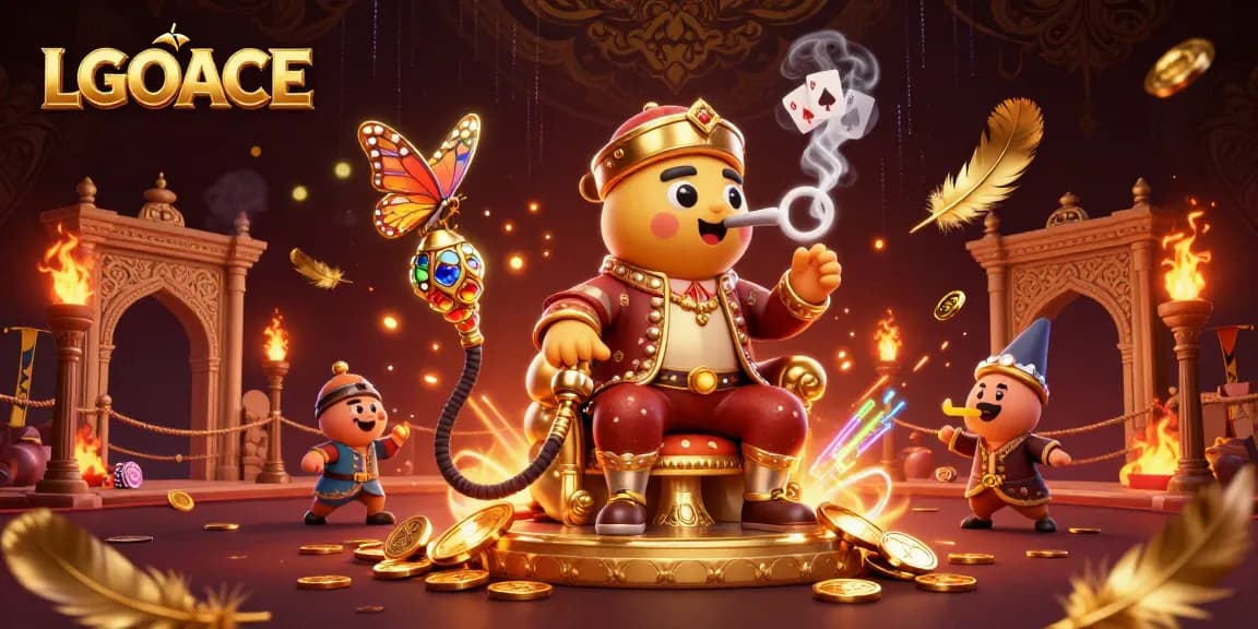 LGOACE showcases a vibrant 3D casino scene featuring a whimsical caterpillar and poker elements.