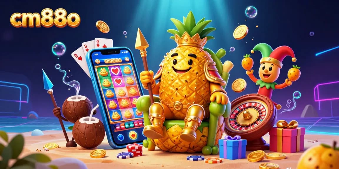 Experience the thrill of cm88o's vibrant beach casino with a golden pineapple king, jester, and exciting slot action.