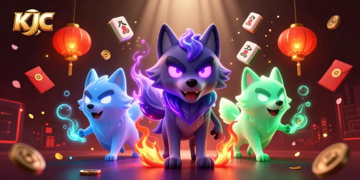 KJC showcases a mystical wolf leader in a vibrant casino scene filled with floating game elements.