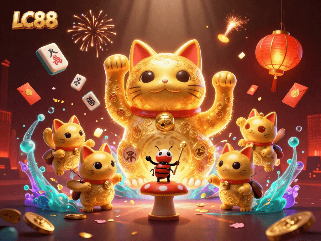 Experience the excitement of LC88 with a giant lucky cat and vibrant casino symbols in a captivating scene.