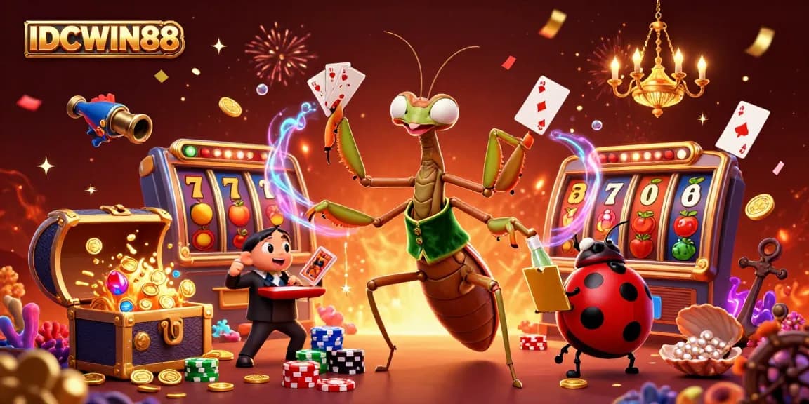Spin and win with IDCWIN88 at the vibrant casino scene featuring card games and jackpot excitement.