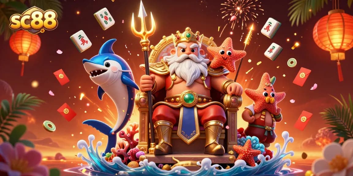Engage in casino fun with sc88 featuring a vibrant 3D illustration of Neptune and gaming elements.