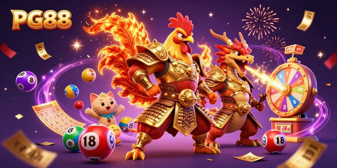 Capture the excitement of PG88 lottery action with dynamic illustrated characters and vibrant gambling elements.