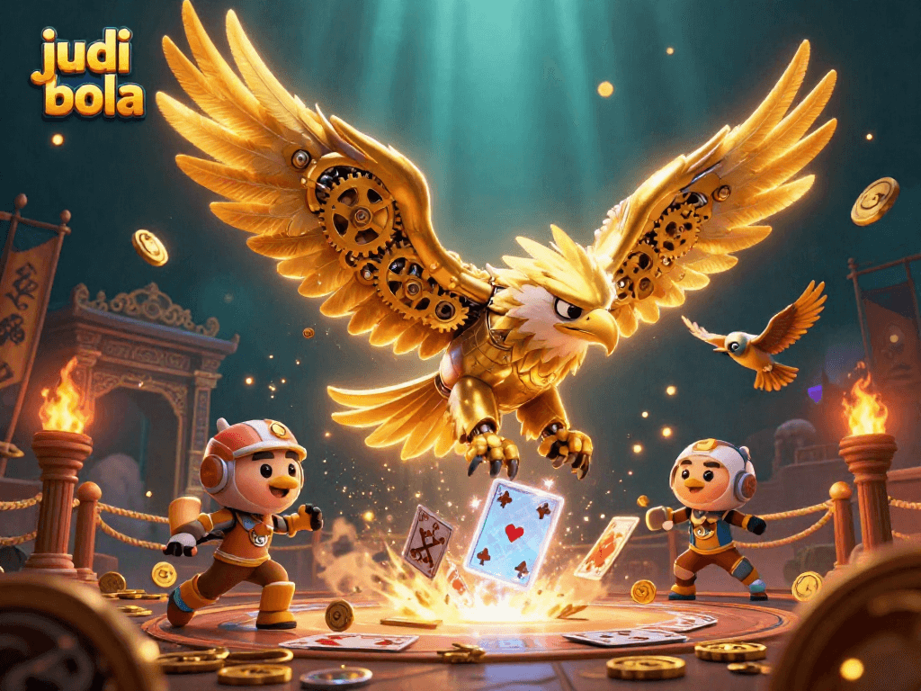 Engage in judi bola with dynamic 3D eagle soaring through vibrant casino elements
