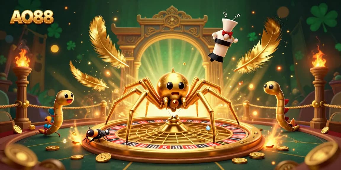 Experience AO88's thrilling gambling environment with a golden spider and unique casino elements.
