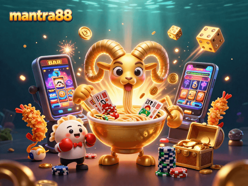Experience the excitement of mantra88 with a vibrant, engaging 3D illustration showcasing casino games and colorful characters.