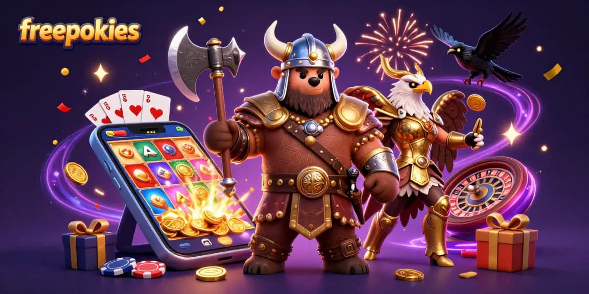 Experience thrilling freepokies gameplay with a dynamic Viking bear and Valkyrie eagle surrounded by casino excitement.