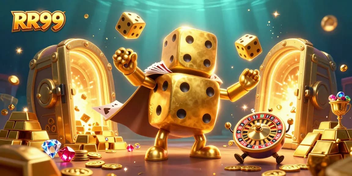 Roll the dice with RR99 as golden characters juggle wins in a vibrant casino scene.
