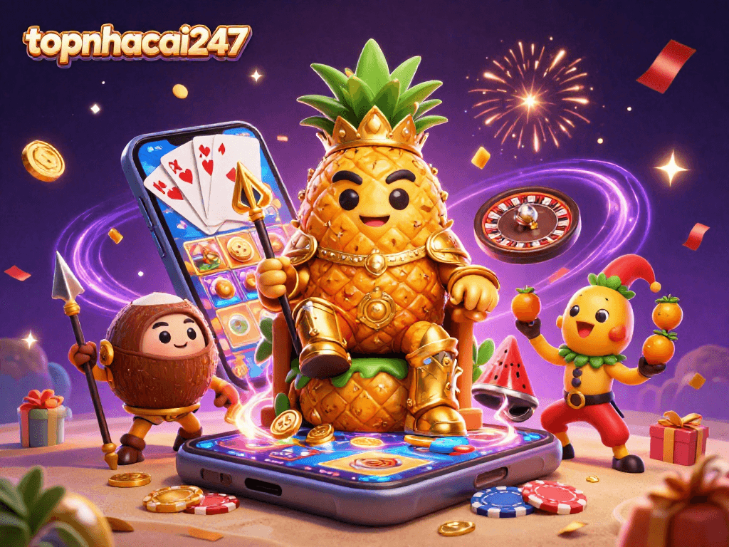Engage in thrilling gaming moments at topnhacai247 with a vibrant casino scene featuring a pineapple king and game elements.