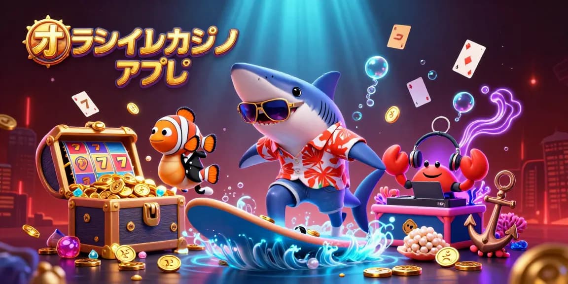 オンラインカジノ アプリでスロットを楽しむシャークと仲間たちの3Dイラスト