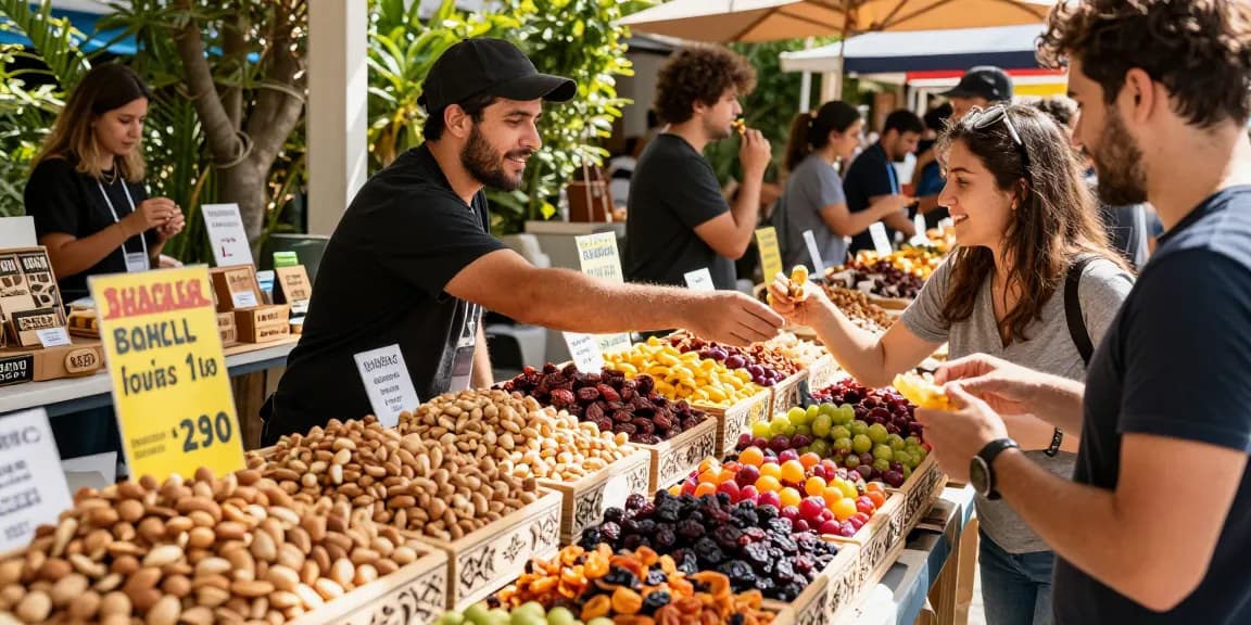 Fresh nuts and dried fruits on display with M98 ฝาก-ถอน promotion in vibrant marketplace.