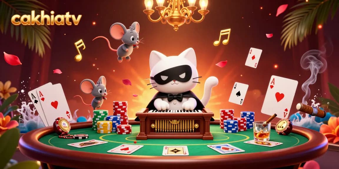 The lively casino scene showcases cakhiatv with a musical cat and acrobatic mouse amid poker elements, engaging viewers in excitement.
