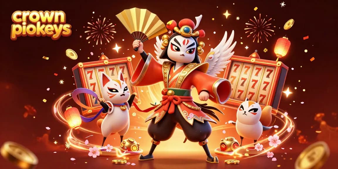 Crown pokies scene with a kabuki warrior crane, lucky slot reels, and festive elements