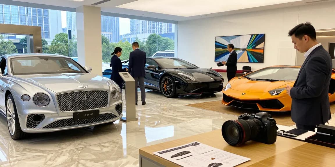 LUXURY 777 layanan penyewaan mobil mewah dengan mobil prestisius dan suasana showroom yang elegan.