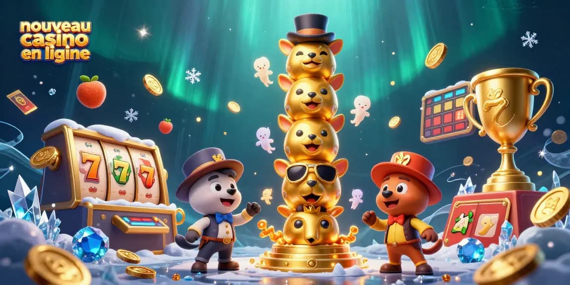 Joignez-vous à l'aventure des jeux au nouveau casino en ligne avec un totem animé et des éléments colorés.