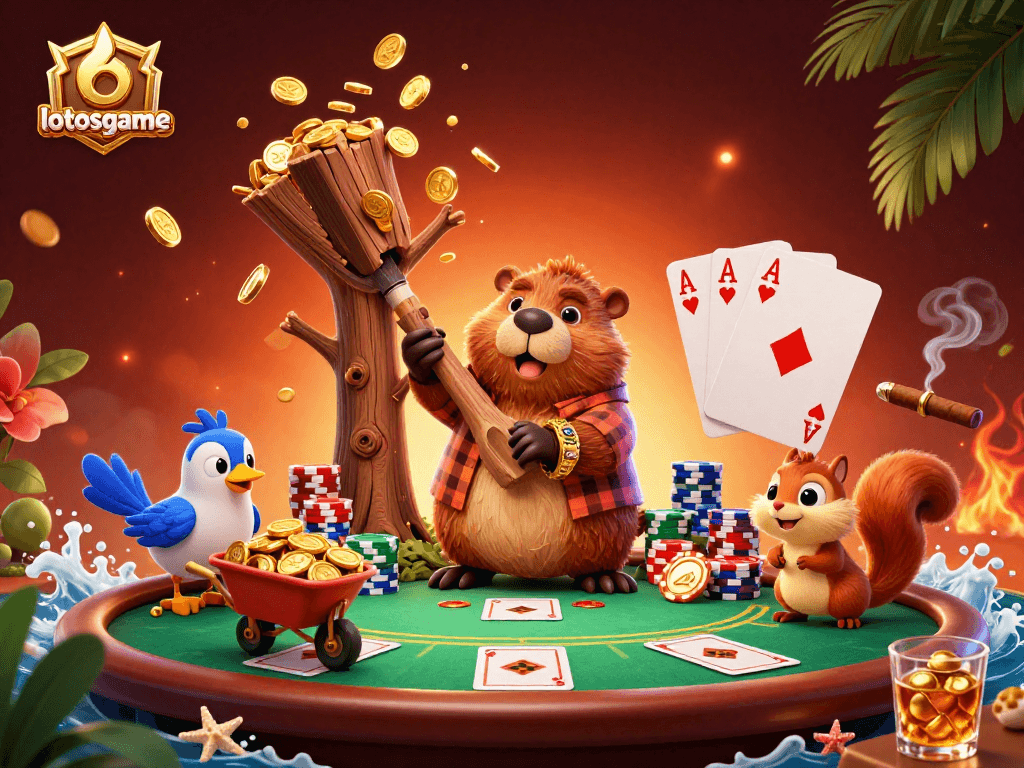 Lotosgame showcases a beaver, bird, and squirrel engaging in a vibrant casino scene with gold coins.