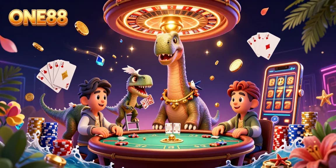 Engage with ONE88's vibrant casino scene featuring a towering brontosaurus and dynamic gaming elements.