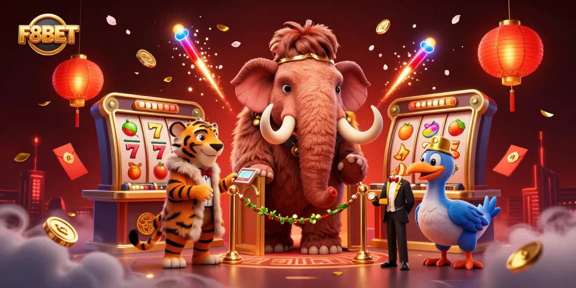 F8BET ignites casino excitement with a vibrant mammoth bouncer and saber-tooth guest.