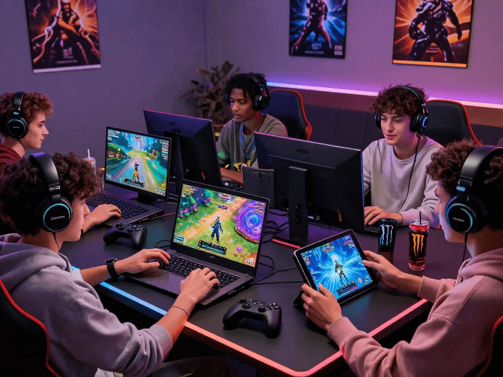 Players enjoying a variety of porn games on multiple devices in a vibrant gaming setup.