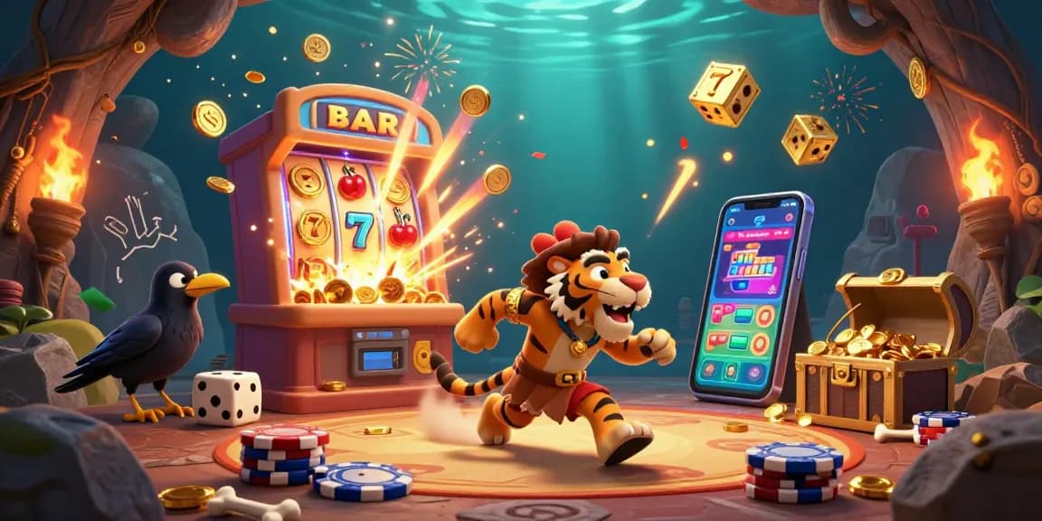 SX88 casino scene showcasing caveman and sabertooth duo managing 3D slot machines with vibrant jackpot elements.