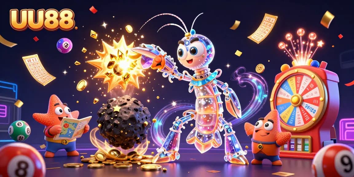 Experience exhilarating gaming action with UU88 as colorful lottery balls and golden treasures explode around galactic characters.
