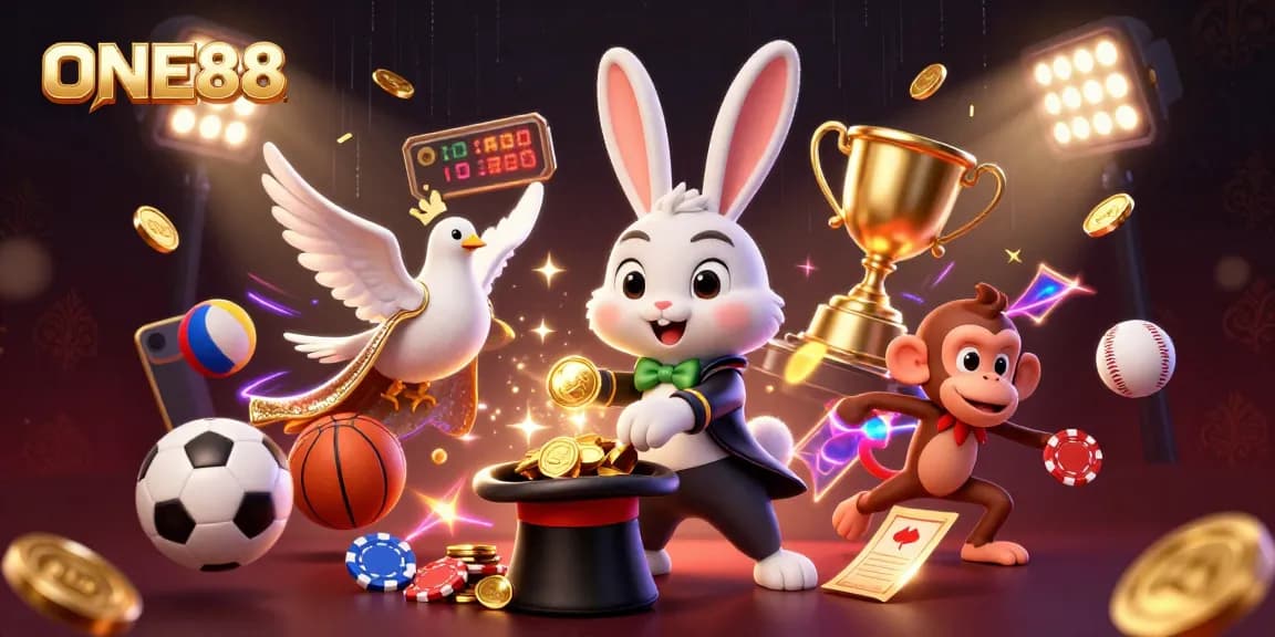 ONE88 offers exhilarating gambling through lively scenes of a magician, dove, and monkey amidst golden coins and sports balls.