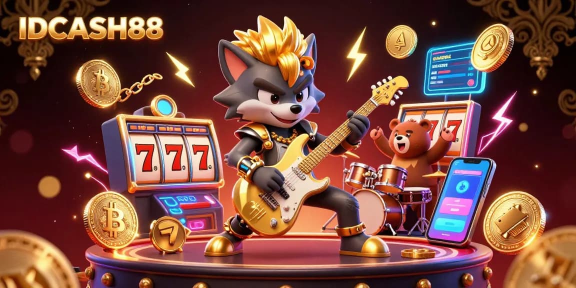 Experience high-energy gaming at IDCASH88 with vibrant casino character illustrations and crypto elements.