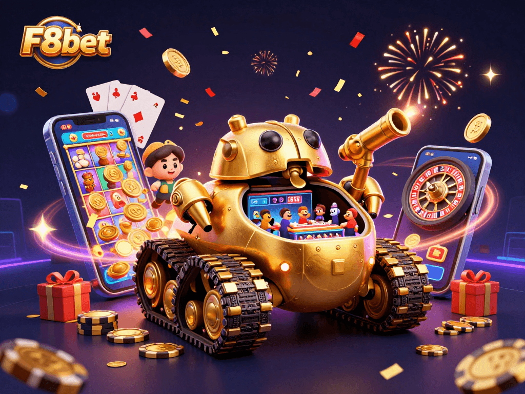 Experience the excitement of F8bet with a lively 3D casino revealing thrilling gaming elements.
