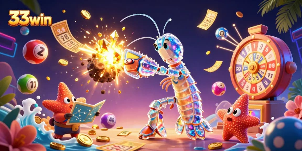 Engage with 33win lottery adventures as vibrant prizes and characters populate a cosmic scene.