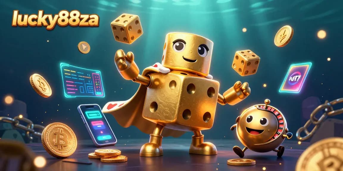 Engage with luck and strategy at lucky88za with a dynamic casino scene featuring golden dice and blockchain elements.