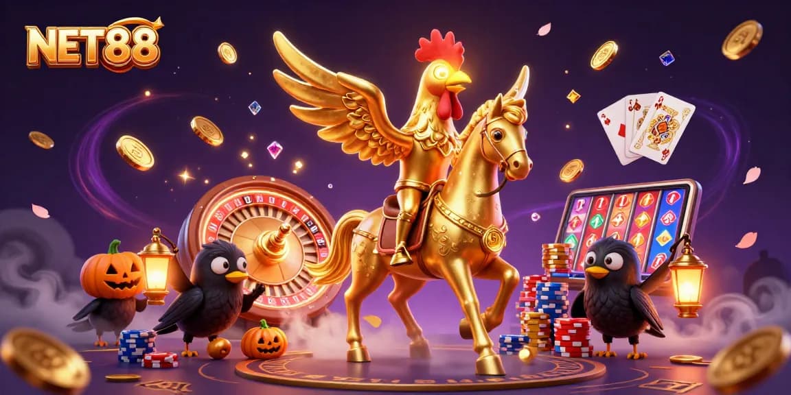 Experience thrilling gameplay with NET88's vibrant 3D casino scene featuring golden rooster and mystic symbols.