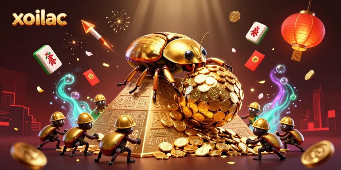 Xoilac showcases vibrant gambling elements with golden beetles, coins, and casino symbols.
