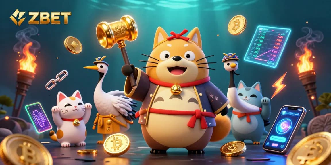 ZBET brings players a vibrant casino scene with tanuki and fortune cats amidst crypto elements