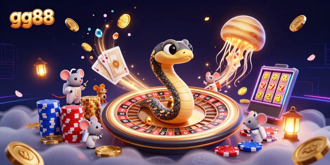 Engage with gg88's vibrant casino scene featuring a Saturn snake, astronauts betting, and cosmic visuals.