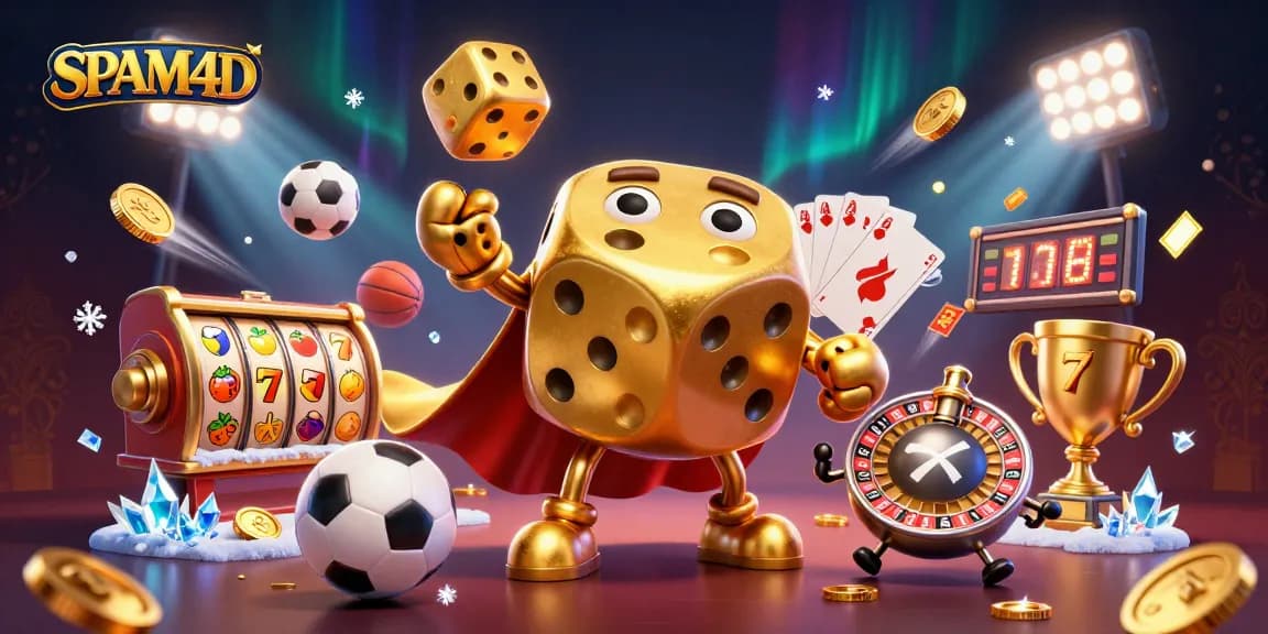 Gambarlah SPAM4D yang menampilkan golem dadu emas bersamaan dengan elemen kasino lainnya.