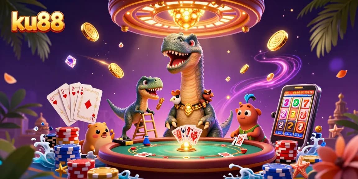 ku88 highlights thrilling casino gameplay with a vibrant brontosaurus and clever raptor in an exciting scene.