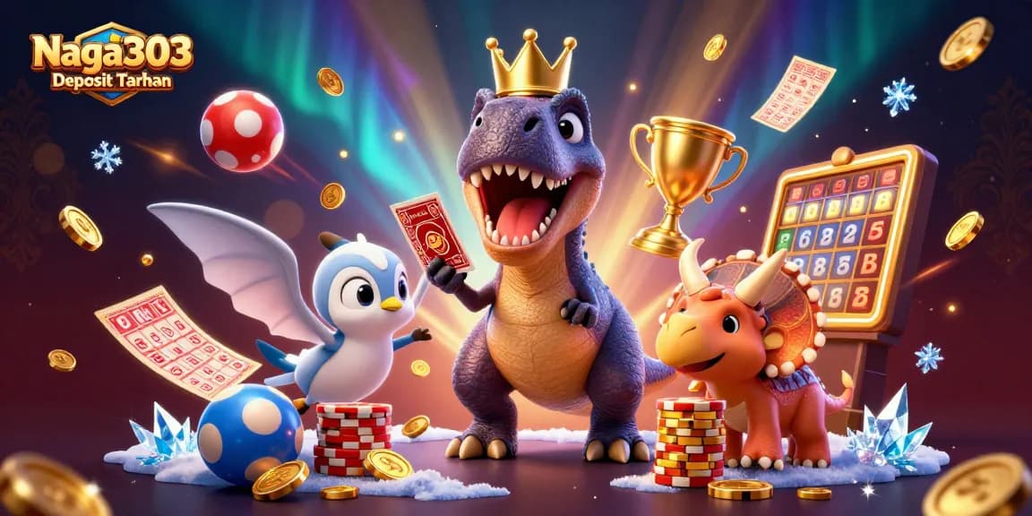 Naga303 Deposit Taruhan showcases a vibrant illustration of playful dinosaurs engaging in lottery games and excitement.