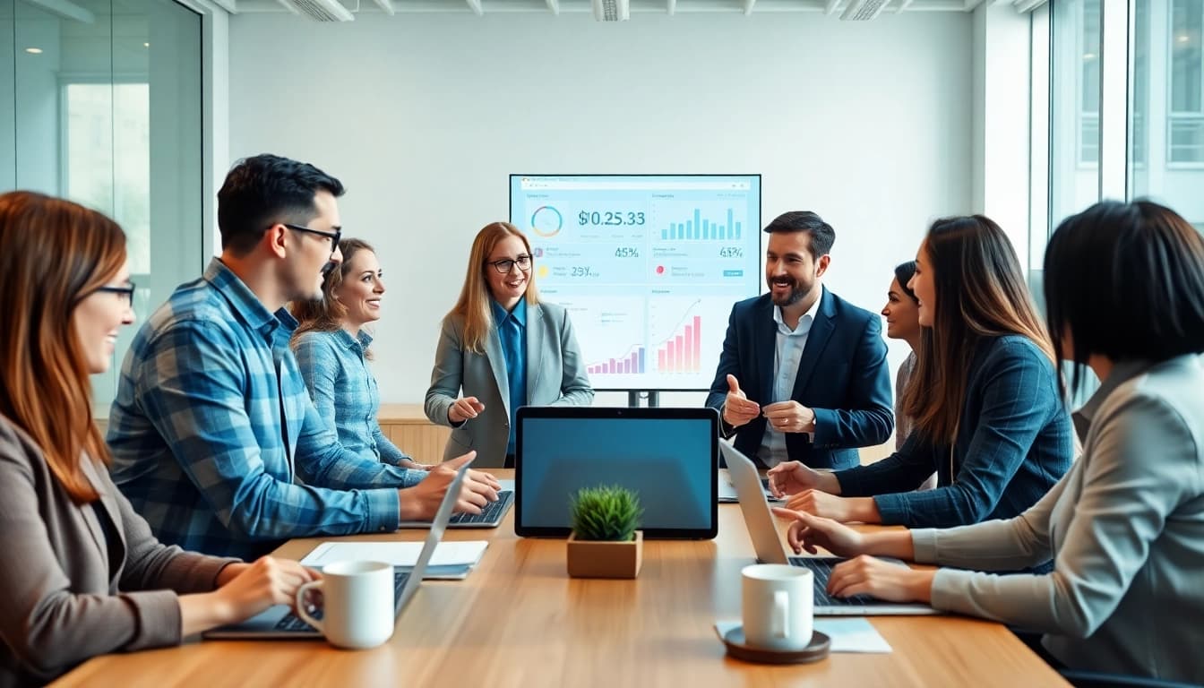 Sales team utilizing an AI sales tool in a modern office to enhance collaboration and performance.