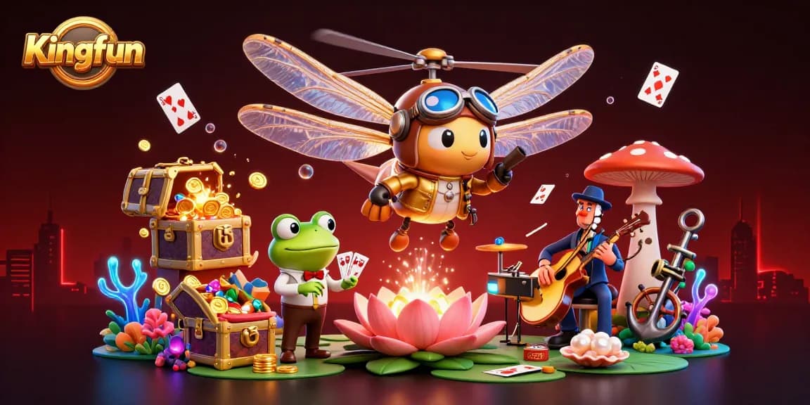 Experience the thrill of Kingfun in a vibrant 3D casino scene with dragonfly pilots and thrilling games.