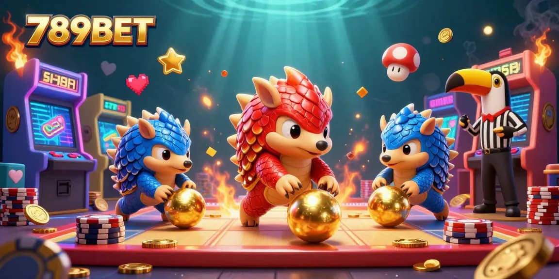 Engage with thrilling 789BET action featuring rival pangolins amidst casino elements and excitement.