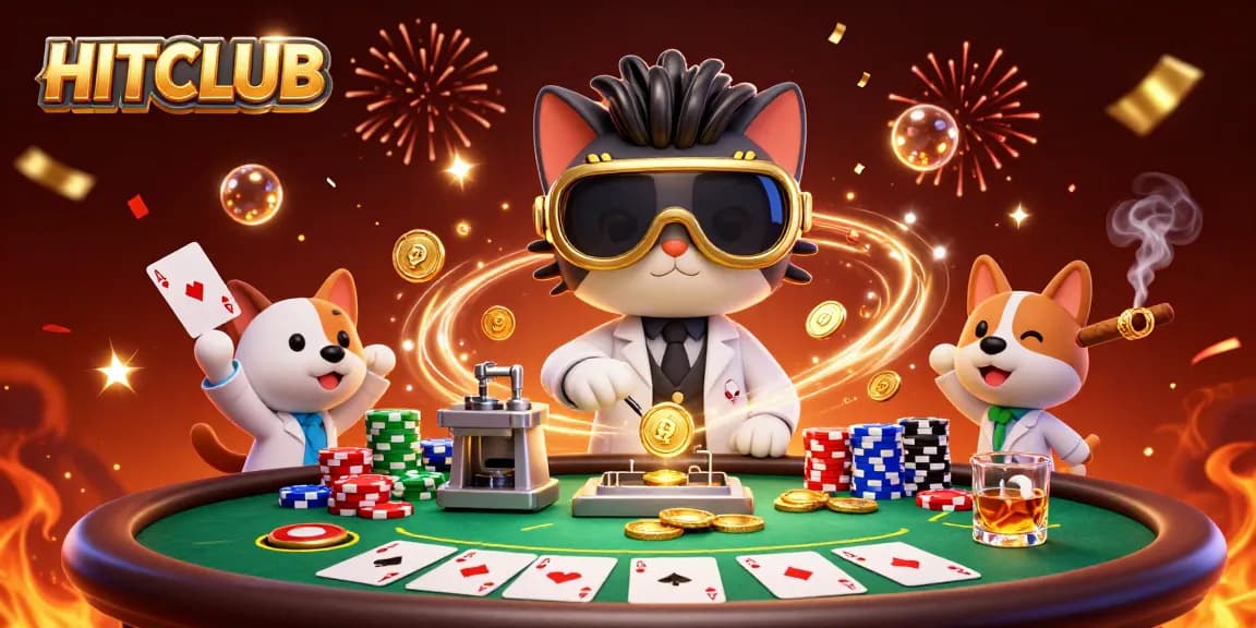 Engage in HITCLUB's thrilling poker scene with a mad scientist cat and assistant crafting gold coins.
