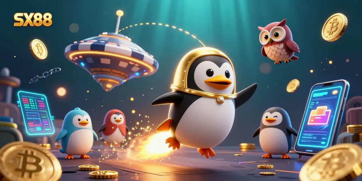SX88 penguin zooming through space toward a casino chip with vibrant glowing coins and rich gambling elements.