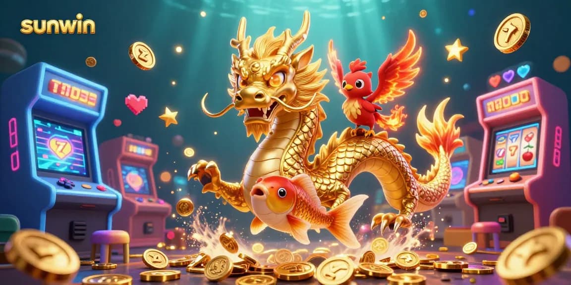 Experience sunwin's vibrant casino scene with a dragon, phoenix, and koi amidst dynamic gaming elements.