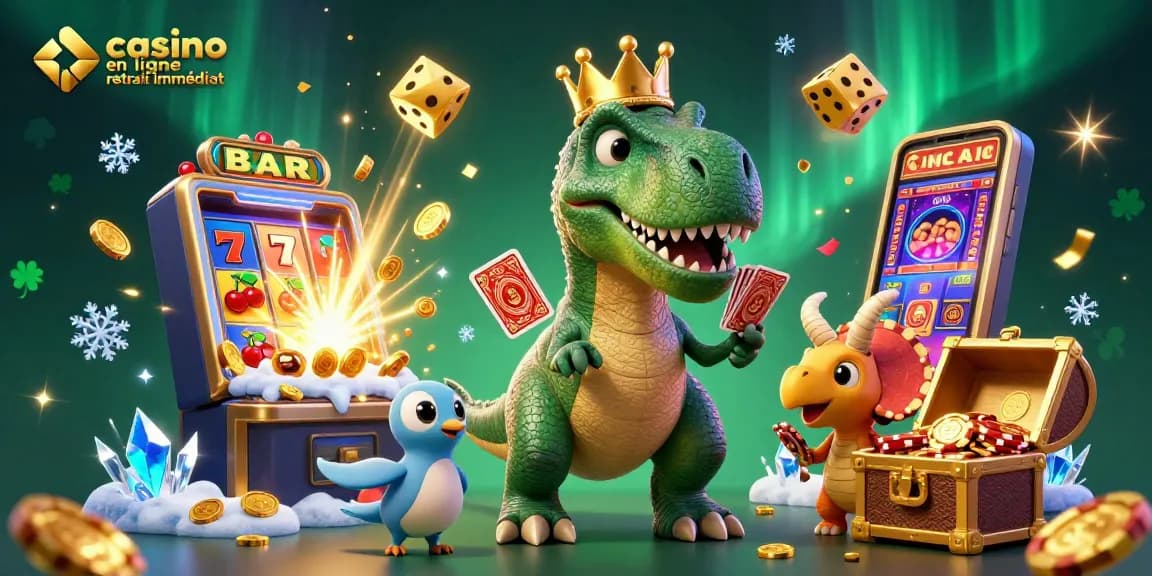 Illustration d'un T-Rex joyeux et un ptérodactyle assistant dans un casino en ligne retrait immédiat avec machines à sous.
